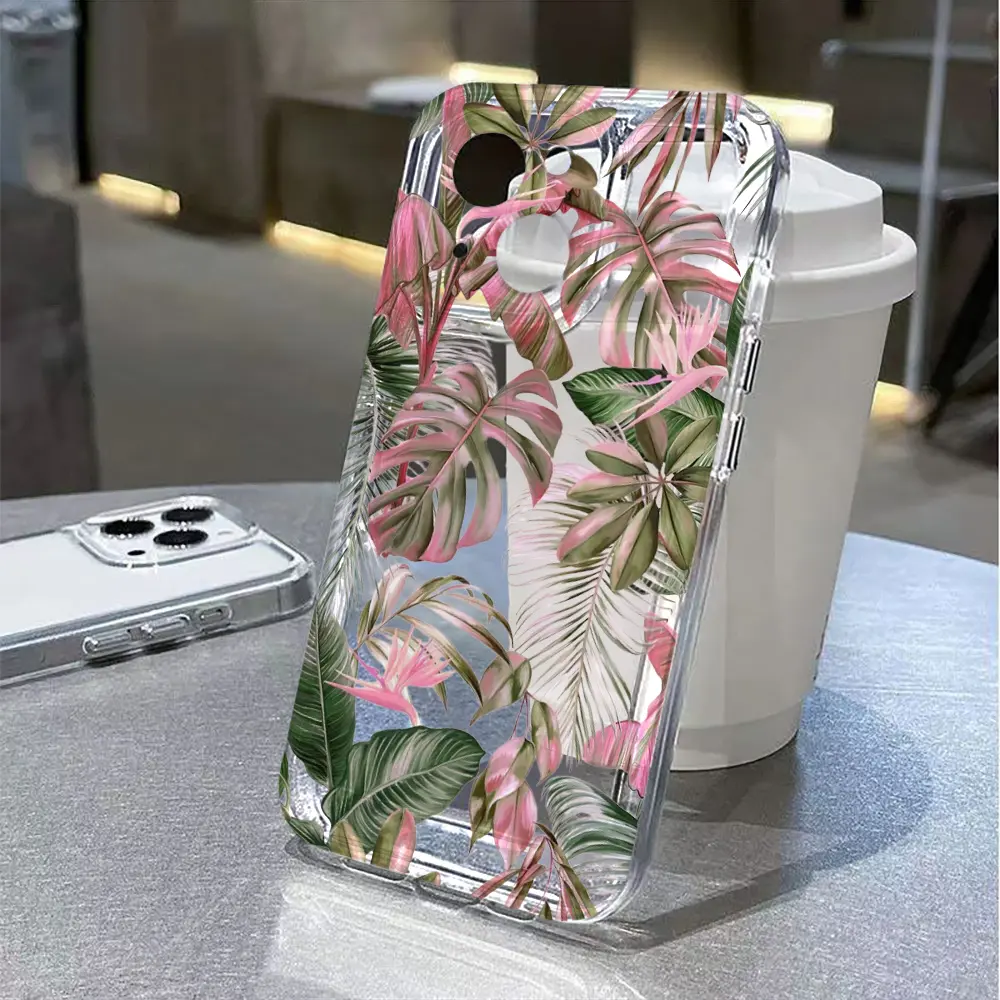 Pink Variegated Monstera Phone Case, Tropical Botanical Clear Cover for iPhone 17 16 15 14 13 12 11 X Plus Pro Max, Plant Lover Gift