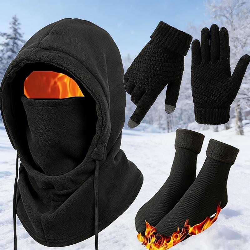 3 or 4-Piece Winter Warmth Set - Windproof and Warm Full-Face Mask Hooded Jacket, Gloves, and Thermal Socks - Extreme Cold Weather Gear for Skiing, Cycling, Snowboarding - Unisex for Adults (Hand Washable) - Ideal Christmas and New Year Gift