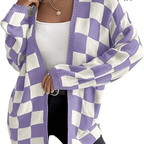 Plus Size Women's Fall Winter Halloween Plaid Drop Shoulder Cardigan, Vintage Patchwork Knit Skirt, Casual V Neck Sweater, Relaxed Cardigan