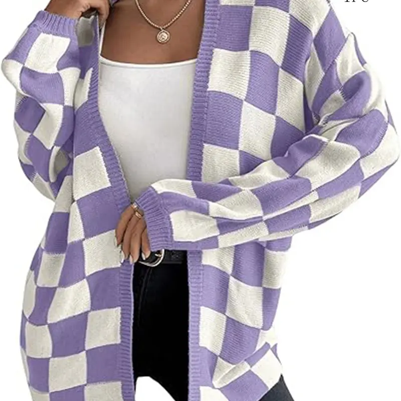 Plus Size Women's Fall Winter Halloween Plaid Drop Shoulder Cardigan, Vintage Patchwork Knit Skirt, Casual V Neck Sweater, Relaxed Cardigan