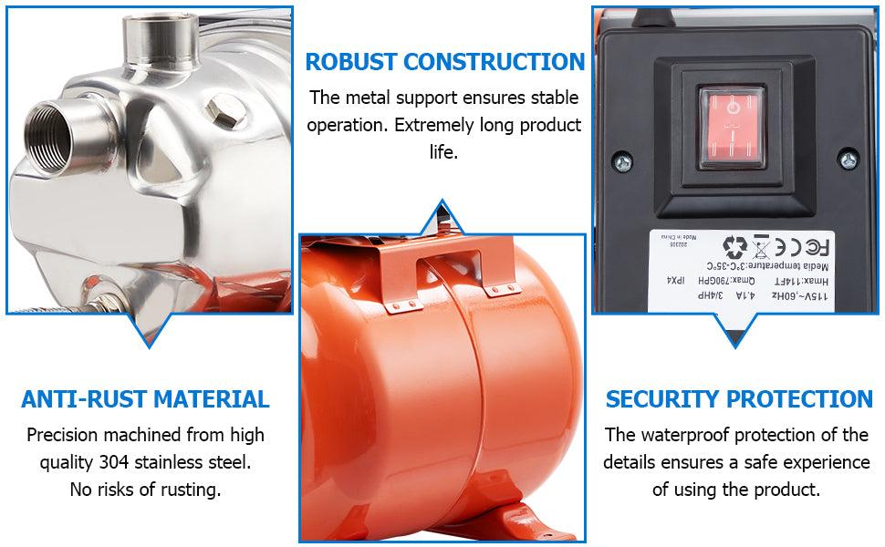 GARVEE 1HP Shallow Well Pump with Pressure Tank, Stainless Steel, 115V Irrigation Pump, Automatic Water Booster Jet Pump for Home, Garden, Lawn