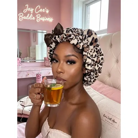 Women's Leopard Print Satin-Lined Sleep Bonnet with Bow Accent, Plush Fleece Haircare Cap, Adjustable Elastic, Multi-Size, Heatless Protection for Curly Braids, Moisture Lock