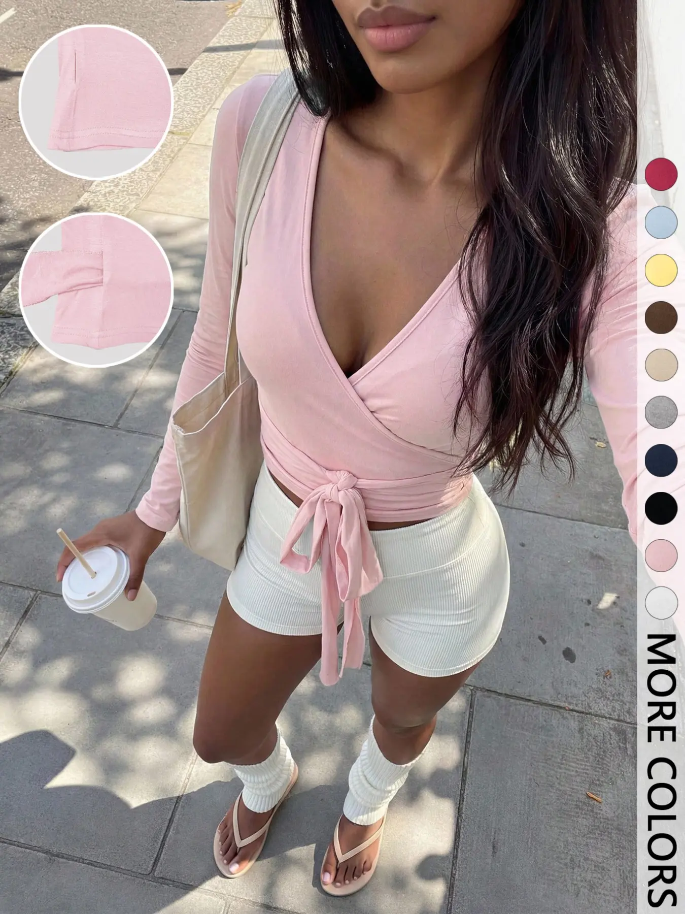 Women's V-Neck Tie-Up Wrap Top, Pleated Waist, Casual Sporty Long Sleeve Shirt, Fitted Plain Design, Unlined, No Button or Zipper