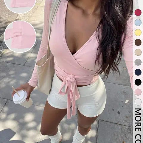 1-Piece Women's Deep V-Neck Wrap Top, Tie Front, Long Sleeve, Casual Cropped Top, Knotted Top (Necklace Not Included)