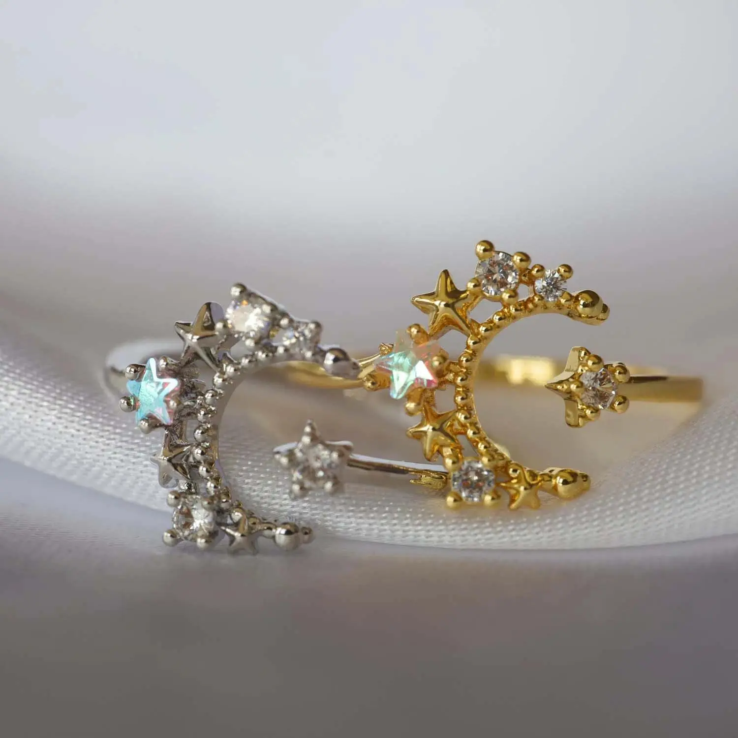 Star Moon Celestial Open Adjustable Ring White Gemstone Resizable Finger Ring Women Aesthetic Jewelry