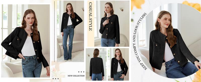 Women's Tweed Blazers Long Sleeve Business Button Down Casual Cropped Blazer Jackets with Pockets