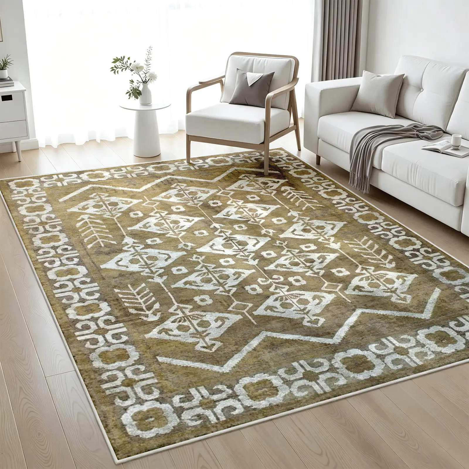 1PC Modern Boho Aztec Area Rug, Olive Green and Cream Geometric Tribal Carpet, Soft, Non-Slip, Machine-Washable Floor Covering, Stain-Resistant, Low-Pile Rug, Aesthetic Decor for Living Room and Bedroom (Various Sizes)