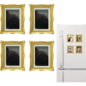 4 Pack 3"x2" Vintage Mini Magnetic Gold Picture Frames for Refrigerator, Antique Ornate Mini Photo Frames for DIY Kitchen Home Office Decor, Perfect Decorative Gift (Classic Gold)