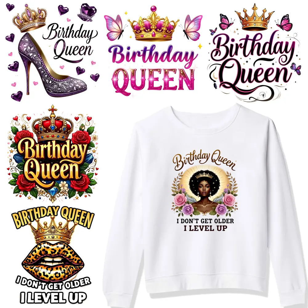 6 Pcs Birthday Queen Iron on Transfers DTF Transfers Ready for clothing, T-shirts, jeans, backpacks, hats, pillows. Easy to heat press decals iron on decals Iron On Transfer Patches Hoodie DIY Crafts