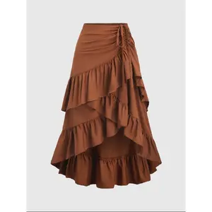 Women's Solid Color Woven Ruffled Hem Skirt, Boho Fashion Casual High Low Hem Skirt for Daily Holiday Vacation Wear, Ladies Bottoms for All Seasons