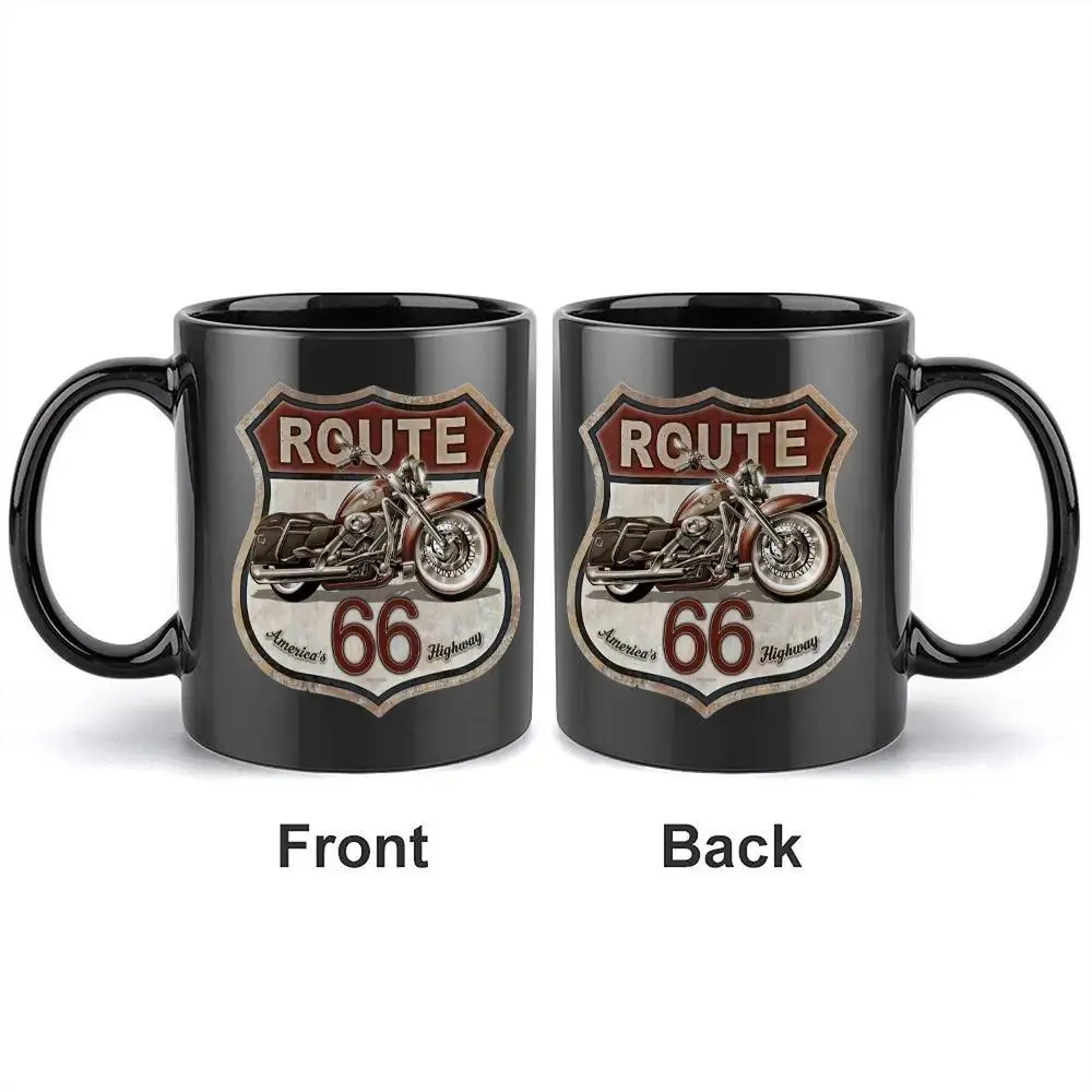 11oz Ceramic Mug - American Retro Route 66 Motorcycle Double-Side Print, Durable Handle Kitchen Drinkware, Birthday Gift Ideas for Holiday Retro Themed Occasions