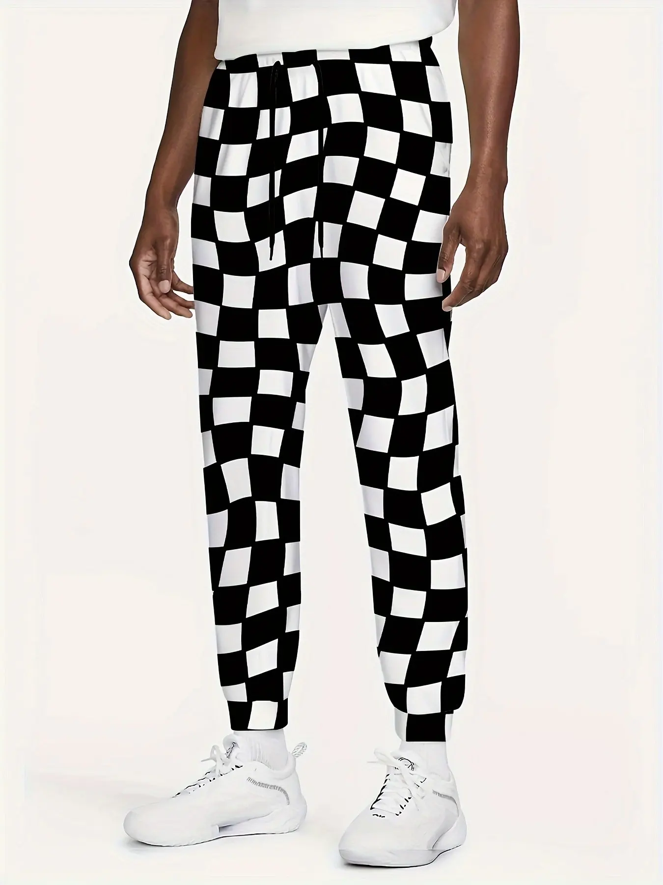 American High Street Checkered Cargo Pants, Retro Plaid Trendy Men's Casual Sports Jogger, Fall Loose-Fitting All over Print