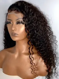 Soft Long 26 Inch 180 Density Natural Black Kinky Curly Deep 13x4 Front Lace Wig, Glueless  Pre-Plucked Heat Resistant Synthetic Daily Wear Wig
