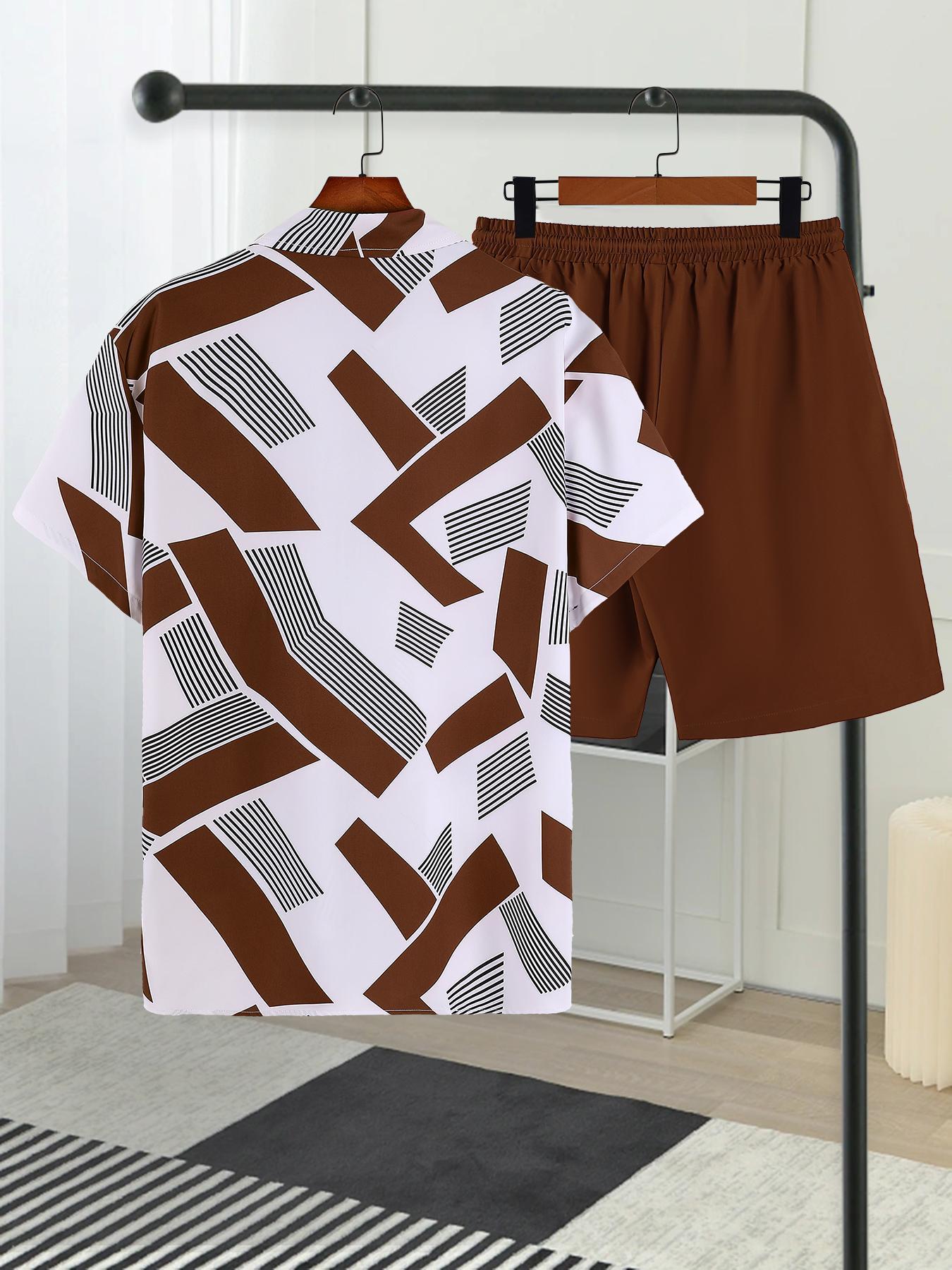 Men's Geometric Print Shirt & Shorts Two-piece Set, Regular Fit Casual Short Sleeve Collared Top & Shorts, Men's Summer Clothes for Beach Vacation