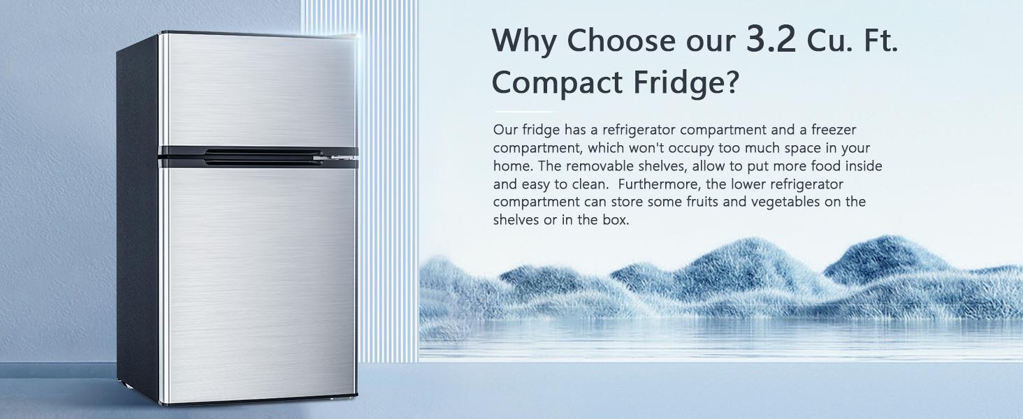 Kismile Compact Refrigerator with Freezer 2 Door Mini Fridge 3.2 Cu Ft Silver Adjustable Shelf Thermostat for Bedroom Office Dorm Kitchen