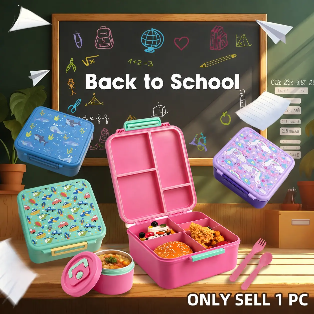 Bento Lunch Box for Kids, Toddler Bento Box with 4 Compartments | Leak Proof BPA Free Dishwasher Safe Lunch Container with Utensils, Ideal Portion Sizes for Ages 3-12 Girls Boys for School, Bento Box Set