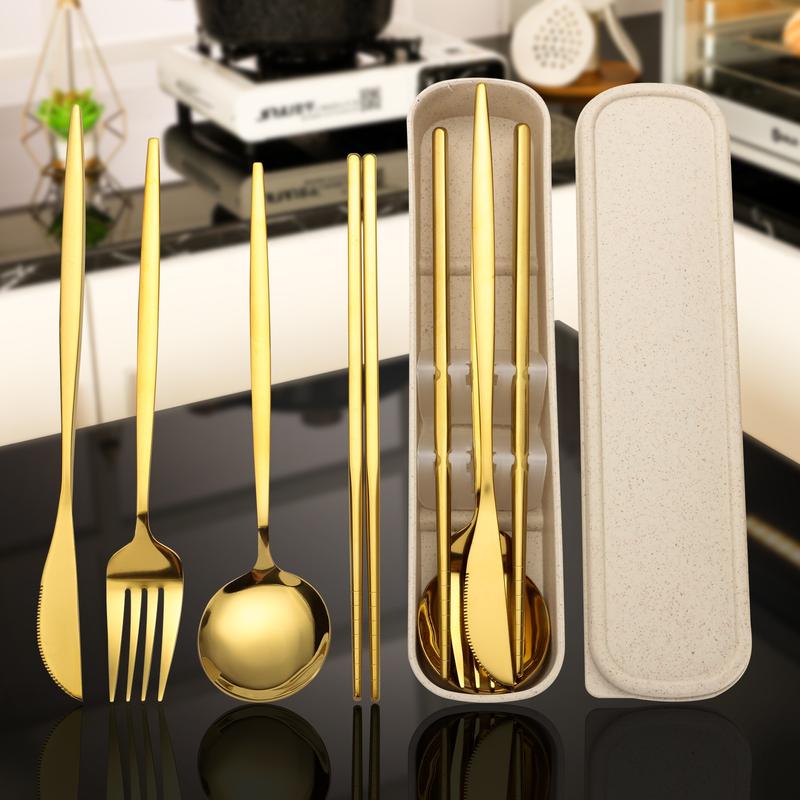 Elegant 4-Piece Gold Stainless Steel Cutlery Set with Storage Box | Reusable Portable Utensils for Travel Camping Office Home | Luxury Household Tableware Gift Set
