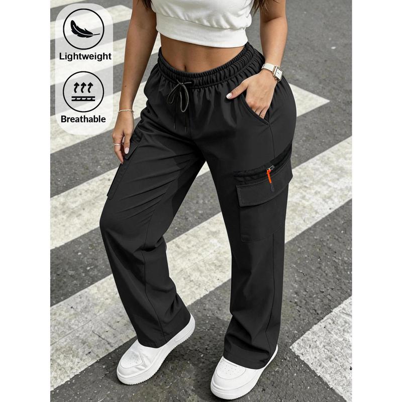 Female Full-Length Casual Pocket Waist Joggers - Elastic Full Waist, Large Pockets, Nylon Blend, Orange Zipper Detail, Loose Fit, Breathable Synthetic Pants, Universal Sport & Outdoor Wear