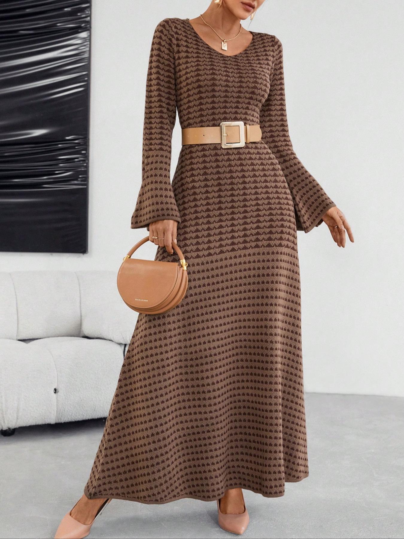 Women's Knit Elegant Commuter Dress, Fall & Winter Striped Round Neck Flare Sleeve Long Skirt, Loose Fit Sweater Dress (pattern Random)