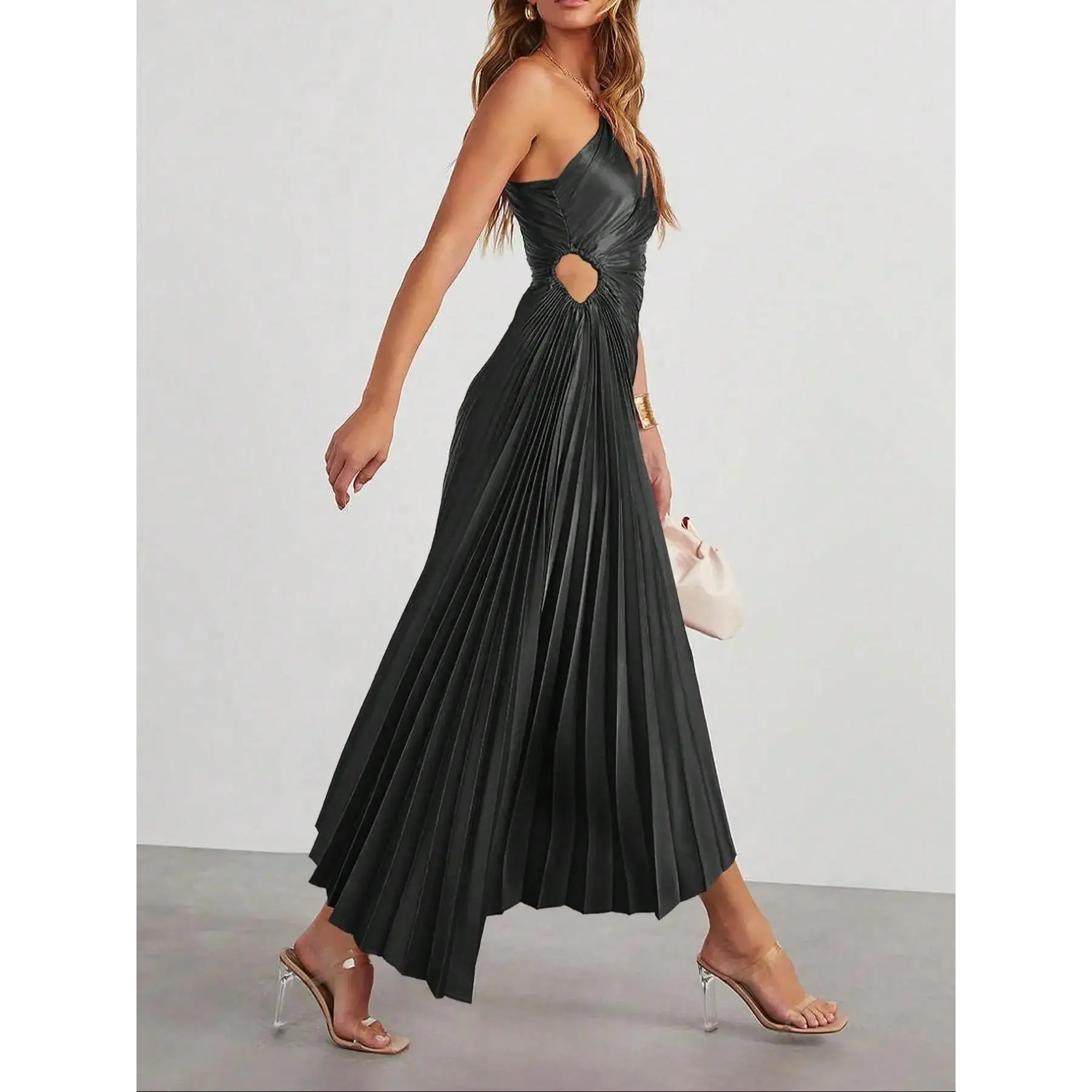 Womens Pleated One Shoulder Dress with Cutout Waist Lace Up Detail Invisible Zipper Asymmetrical Hem Elegant Bodycon Fit Formal Cocktail Satin Look Midi Dress for Wedding Guest Evening Party Vacation Sleeveless Draped Multicolor Formal Dresses
