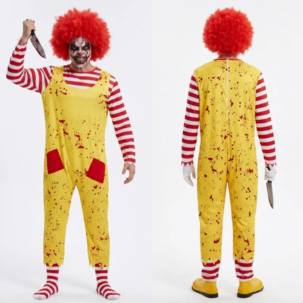 Menswear Full-Length Polyester Halloween Killer Clown Costume, Bloodstain Print Jumpsuit with Stripe Accents, Clown Look Socks Clothes Yellow, Bloodstains, Standard Sizes