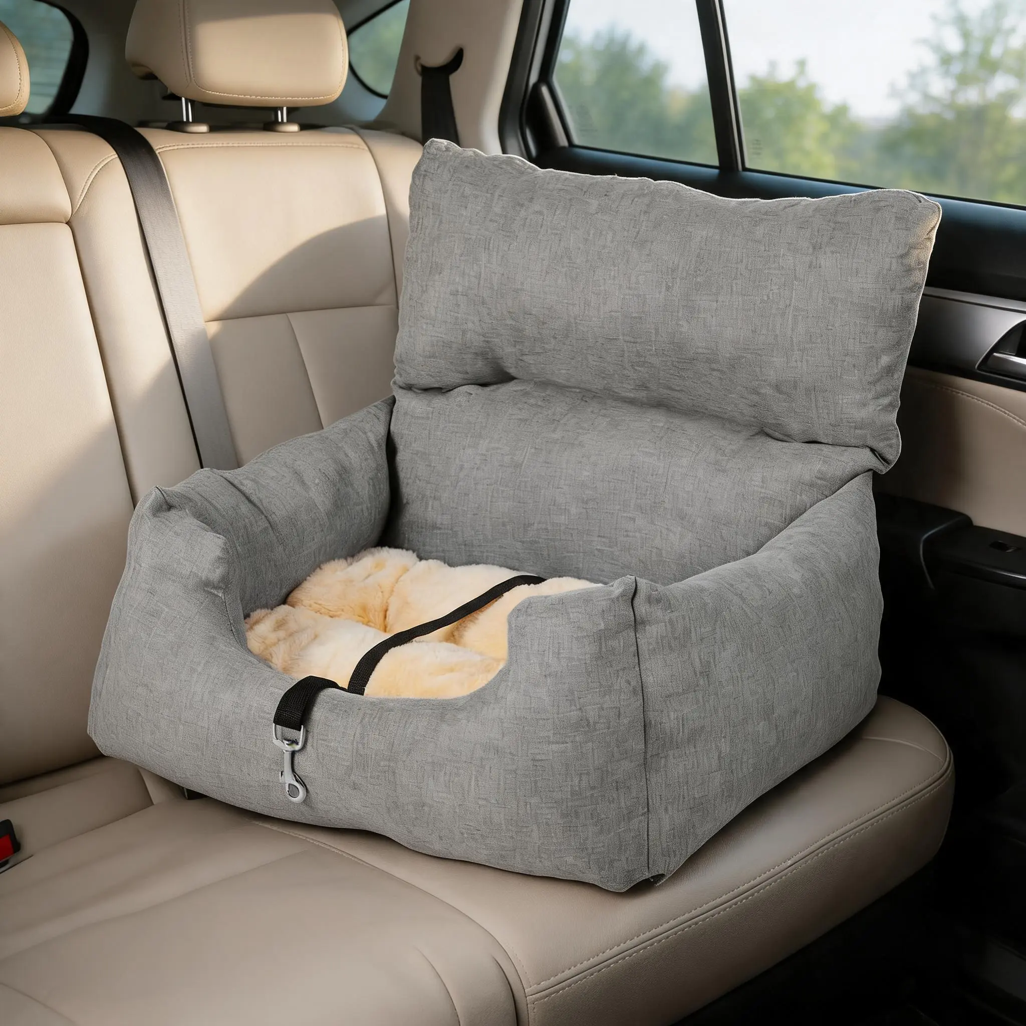 Dog Booster Car Seat Bed – 23.6"×17.7"×19.7", 18lbs Capacity, Elevated Travel Bed – Adjustable Buckle & Safety Tether – for Small Dogs, Grey