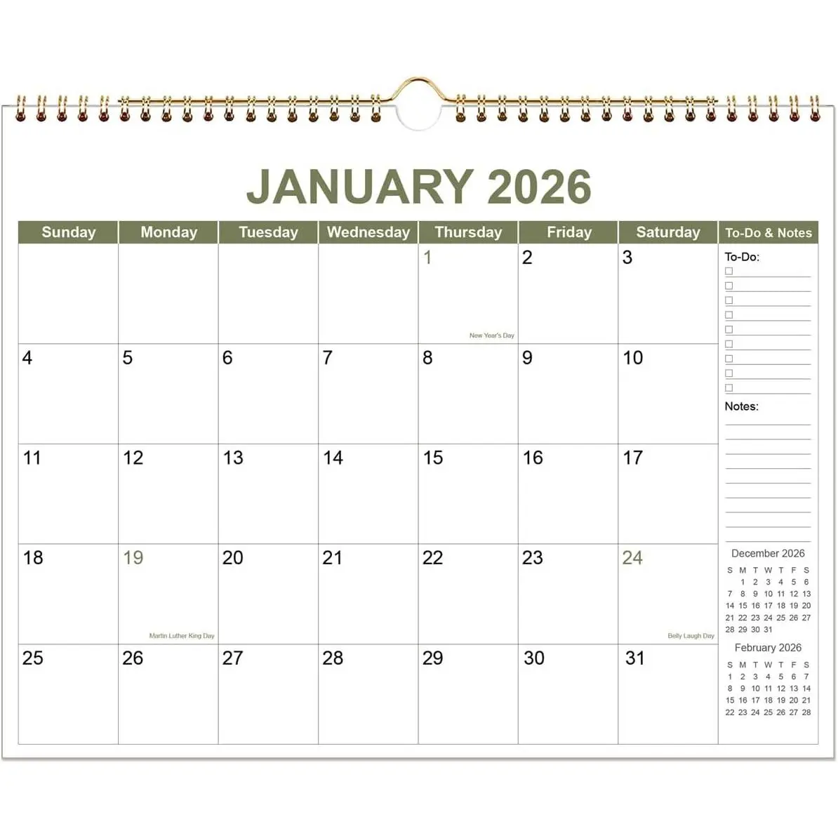 2026 Calendar - 2026 Wall Calendar from January 2026 to December 2026, 2026 Wall  Calendar Planner with Thick Paper, 12" x 14.5", Green