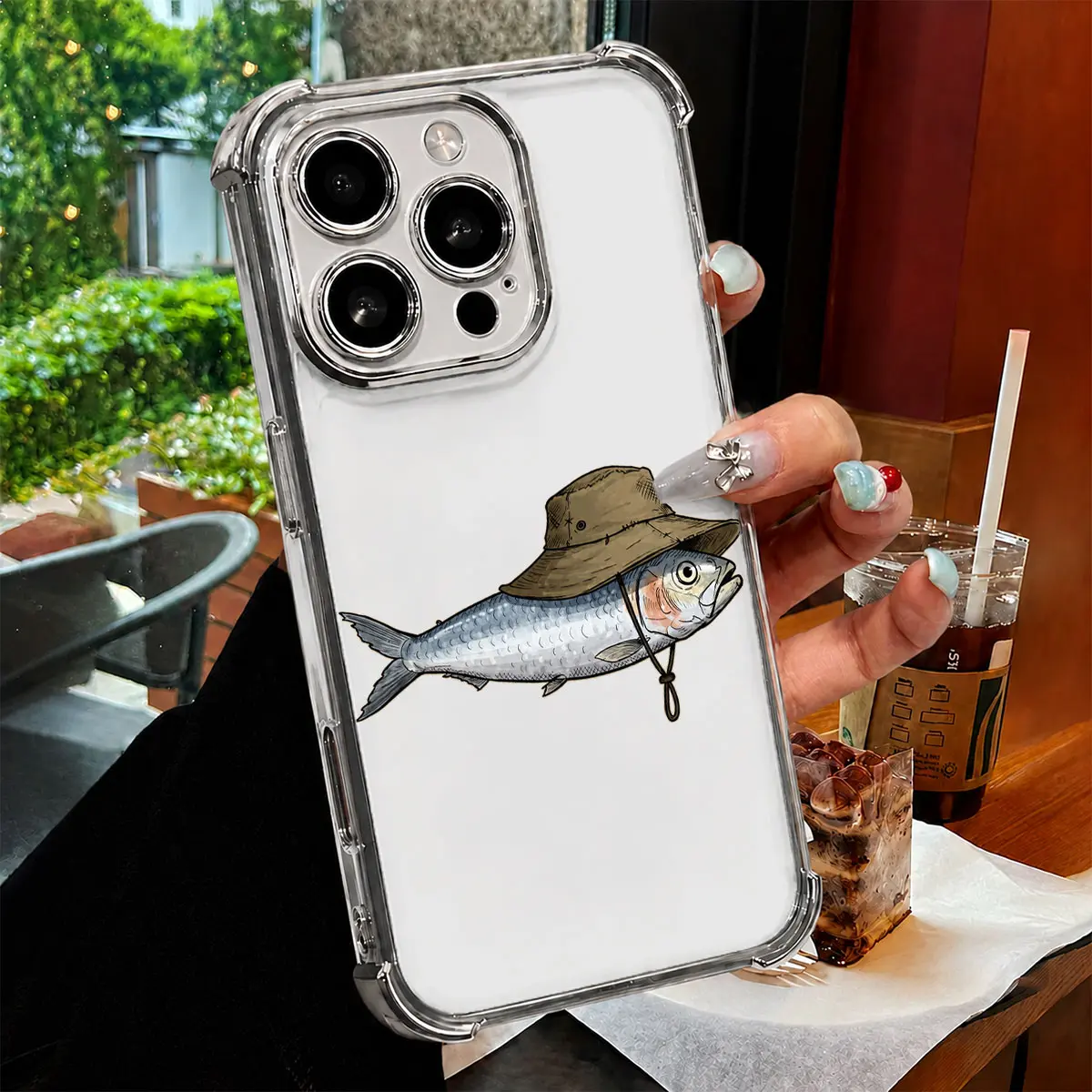 Silver Fish in Fishing Hat Phone Case, Whimsical Angler Clear Shockproof Cover for iPhone 17 16 15 14 13 12 11 X Plus Pro Max, Fishing Lover Gift