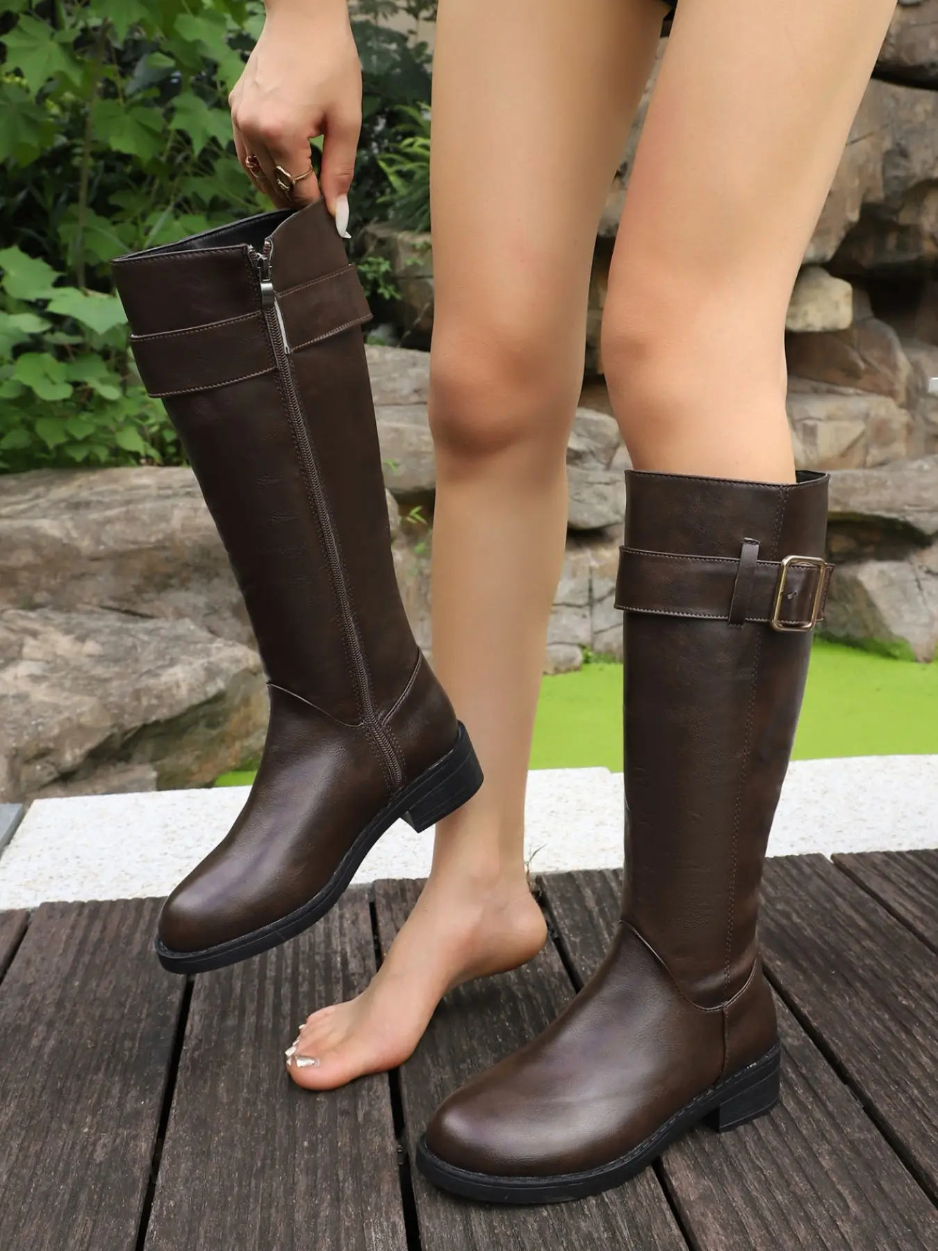 New PU Leather Knee-High Boots for Women, Low Heel Side Zipper Design, Black Brown Colors, Retro Western Style, Fall Winter Fashion, Boots with Zipper