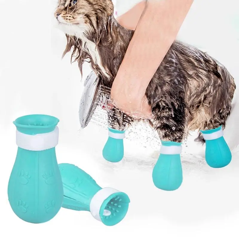 Cat Paw Protector Boots - Silicone, Set of 4, Adjustable, Universal Fit, Water Drainage, Anti-Scratch Pet Grooming Supplies for Bathing/Washing