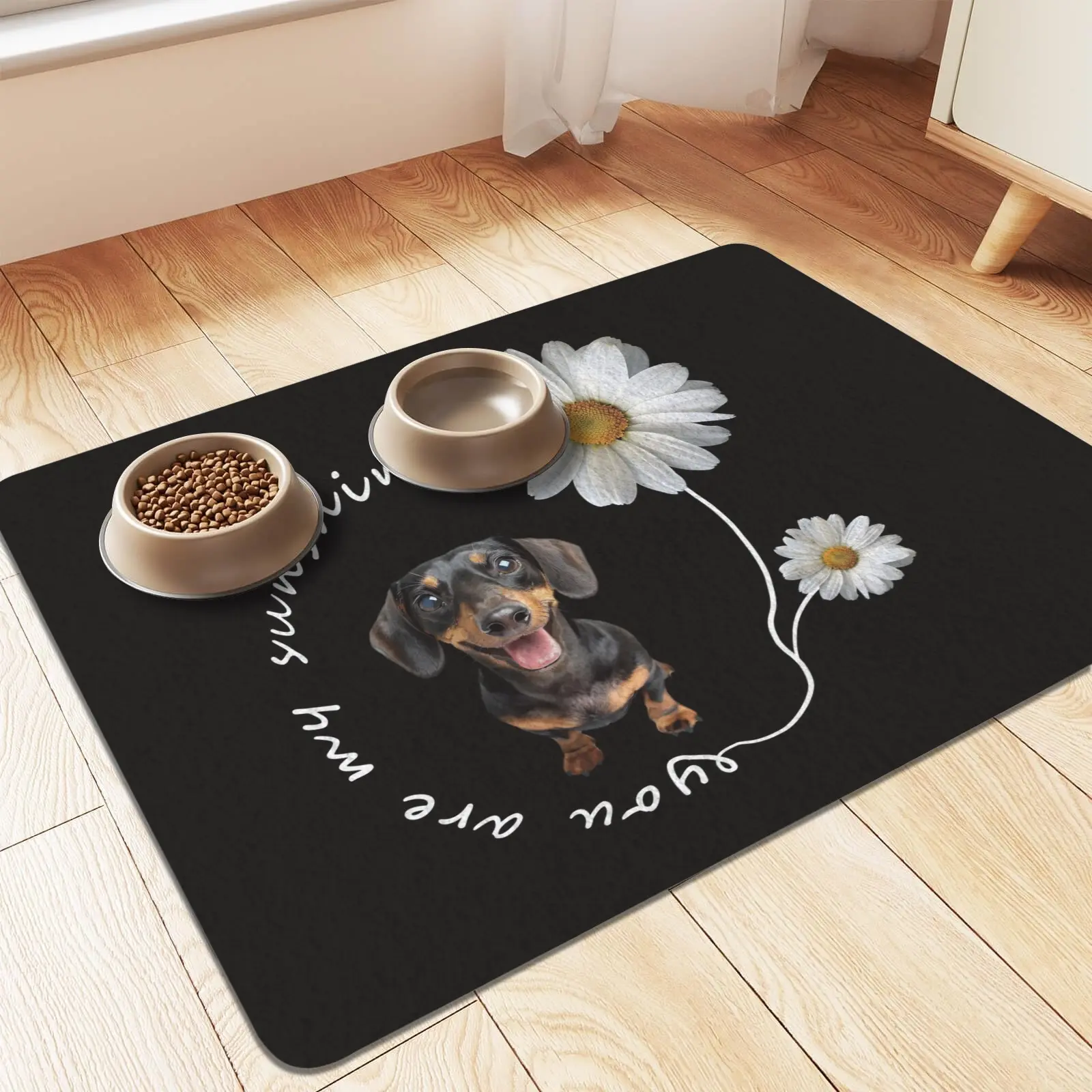 Dachshund Daisy Pet Feeding Mat 60x50cm Waterproof Non-Slip Rubber Back Dog Bowl Mat, Catch Spilled Kibble & Water, Protect Wood Floors & Car Interior, Decorative Pet Dining Pad for Home Kitchen, SUV, RV Dog Road Trips, Easy Wipe Clean