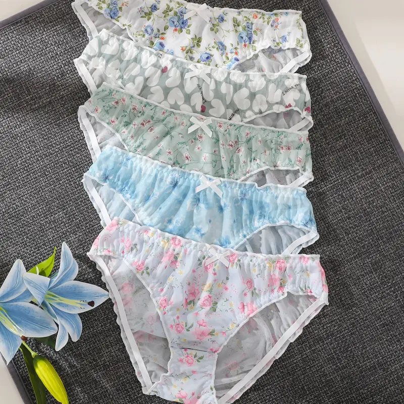 5 Pcs Light Floral Heart Mesh Girl Underwear, Ruffle Small Butterfly Knots, Lightweight Breathable Sweet Private Triangle Shorts, Girly