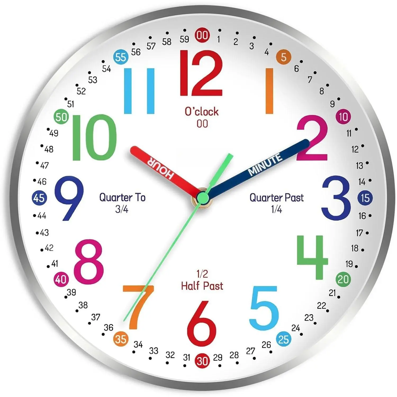 Wall Clock for  Learning to Tell Time Easily Non Ticking  Operated  Teaching Clock Silent Colorful Teaching Time Clock Decorative for  Room Classroom School (8 Inch)