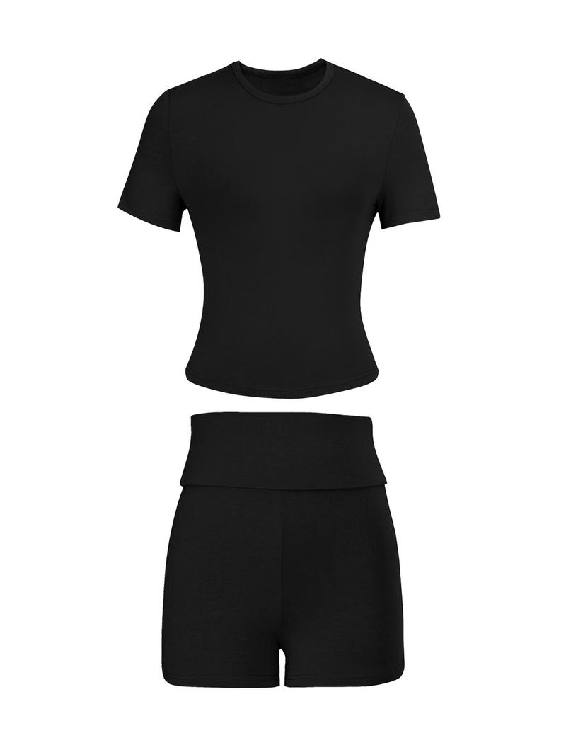 Women's Solid Color Modal Loungewear Set, Casual Minimalist Basic Comfy Round Neck Short Sleeve Top & High Waist Shorts Pj Set, Ladies Sleepwear for All Seasons, Womenswear, Homewear, Soft Lounge Sets, Pajama Set, Matching Pj Set, Summer Sleepwear