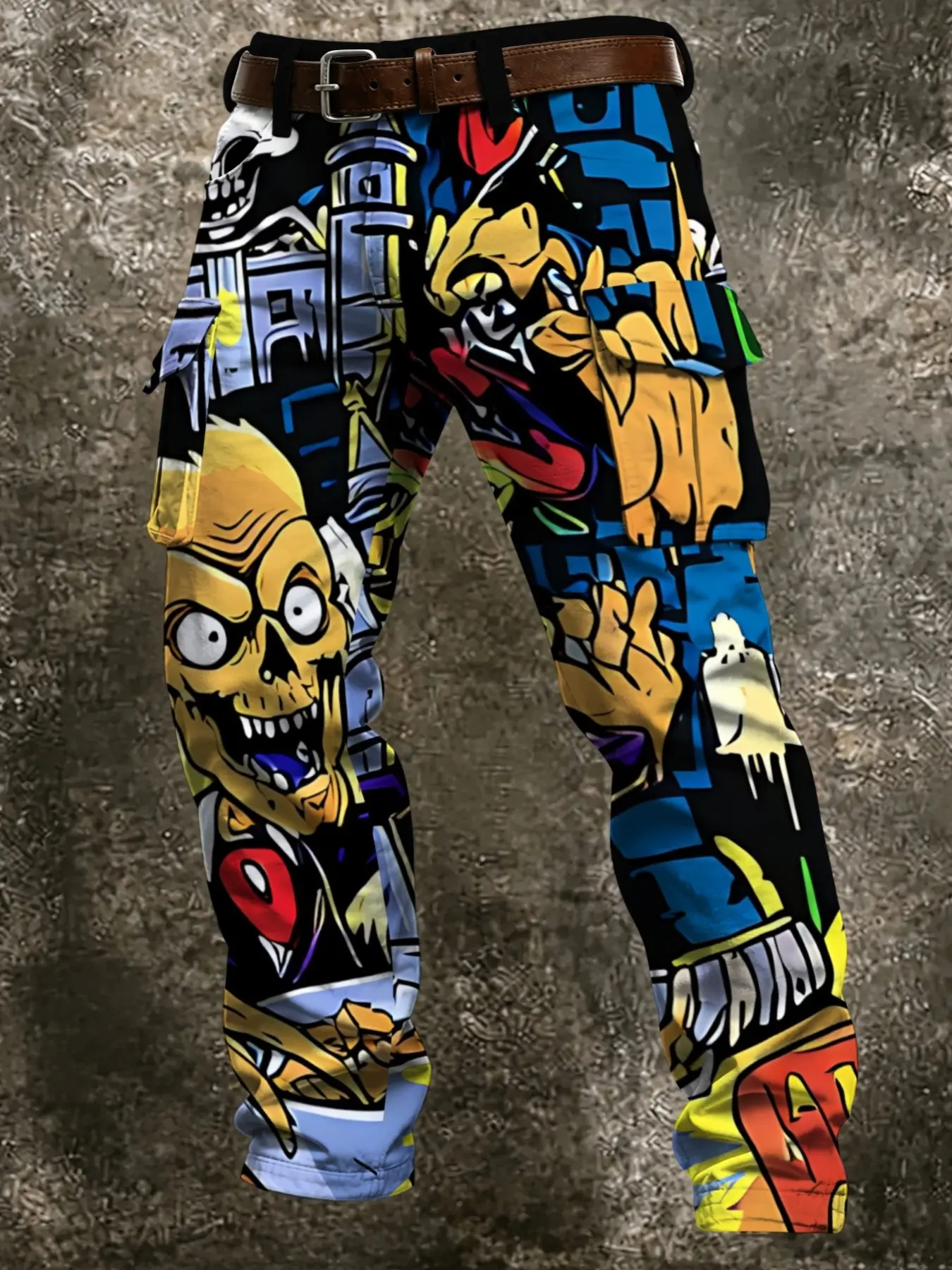 Men's Halloween Zombie Skull Graffiti Print Cargo Pants, Horror Pop Art Pattern, Multi-Pocket Casual Long Trousers, Streetwear Bottoms