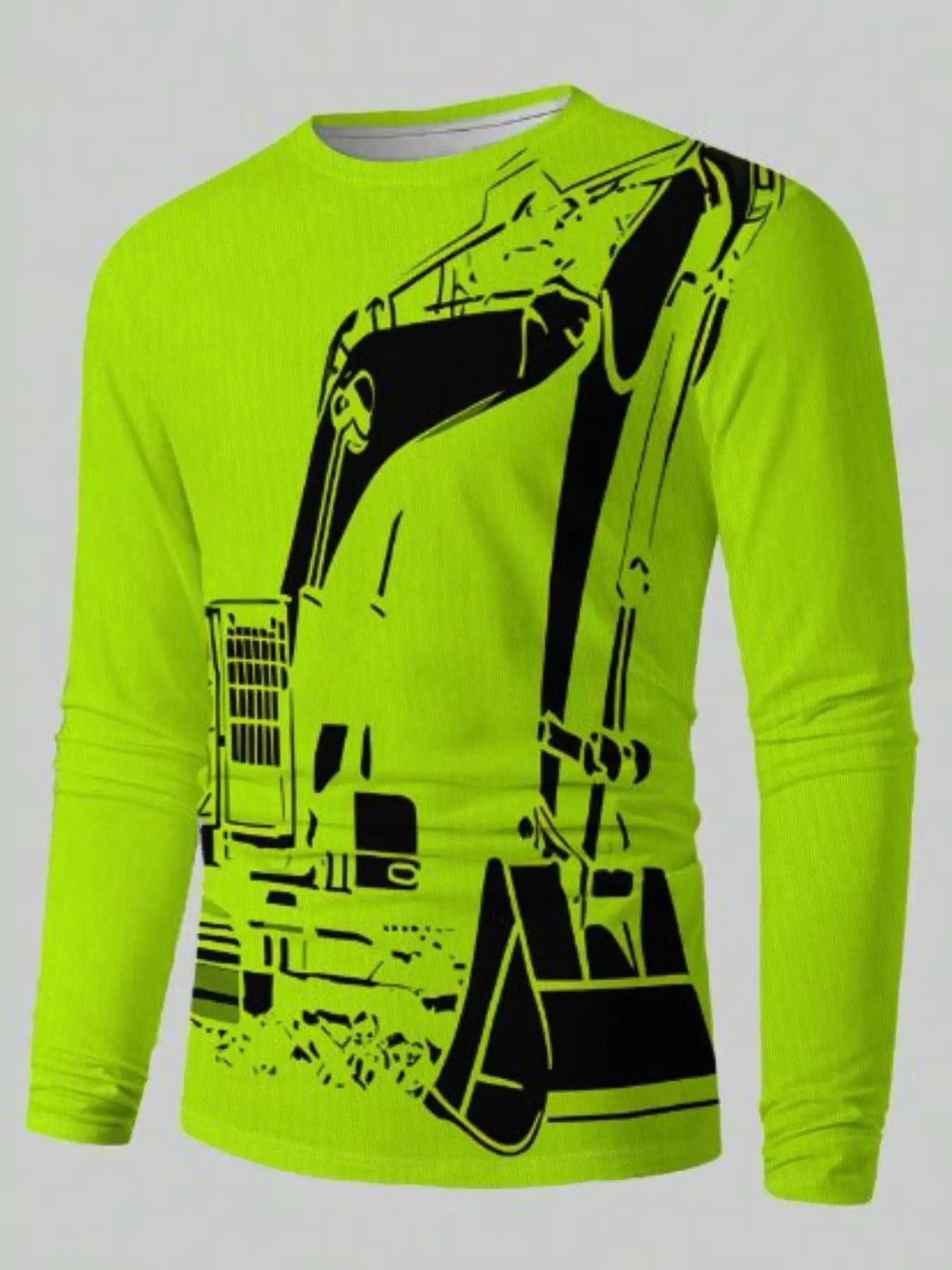 Men's Fluorescent Print Long Sleeve Top, Spring Summer New Arrival, Back Excavator Contrast Pattern, Stylish Casual Wear