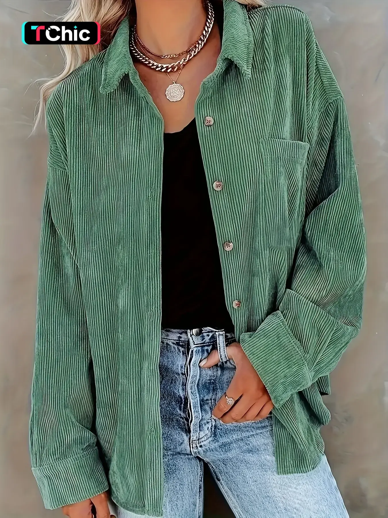 Women's Corduroy Button Collared Blouse Shirt With Pocket, Long Sleeve Loose Fit Oversize Drop Shoulder Casual Everyday Style For Spring & Fall