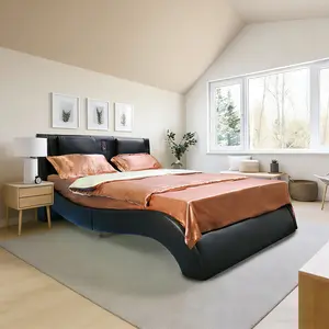 ARCH Faux Leather Upholstered Queen Platform Bed Frame with LED Lighting Bluetooth Music Speaker Backrest Vibration Massage Curve Design Wood Slat Support No Box Spring Needed, Bedroom Furniture for Bedroom, Guest Room, Kids Room, Teen Room