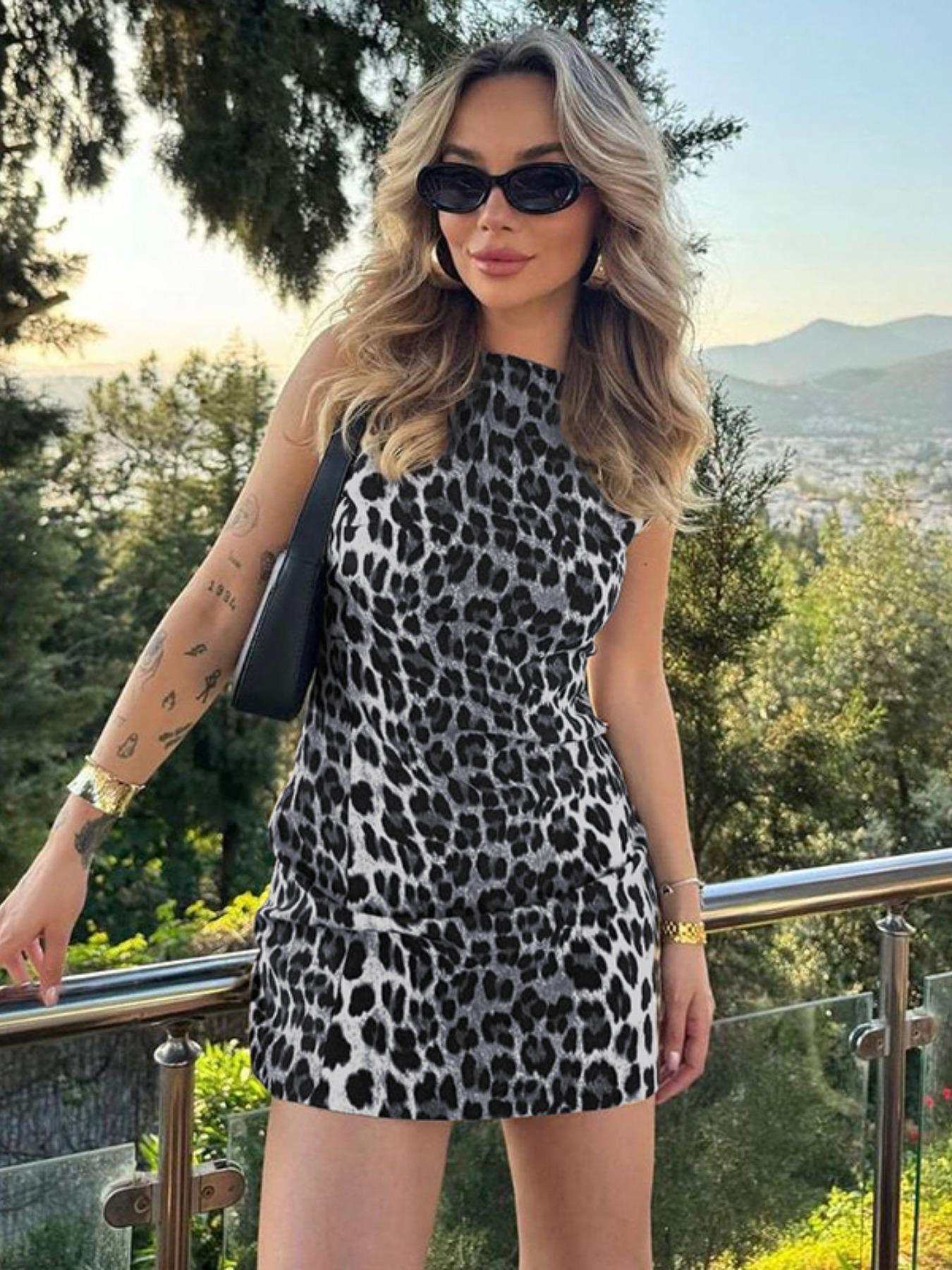 Women's Leopard Print Boat Neck Bodycon Dress, Casual Sleeveless Mini Dress for Daily Outdoor Wear, Ladies Summer Clothes, Womenswear, Fit