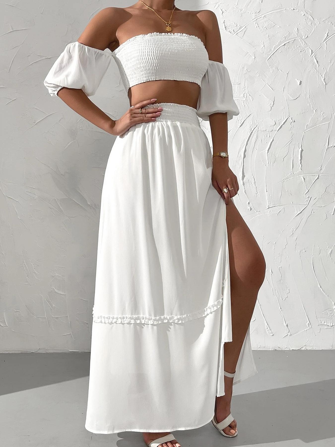 Women's Solid Off Shoulder Fitted Crop Top & Split Hem Skirt Two-Piece Set, Casual Fashion Cozy Two Piece Outfits for Daily Outdoor Wear, Ladies Clothes for All Seasons