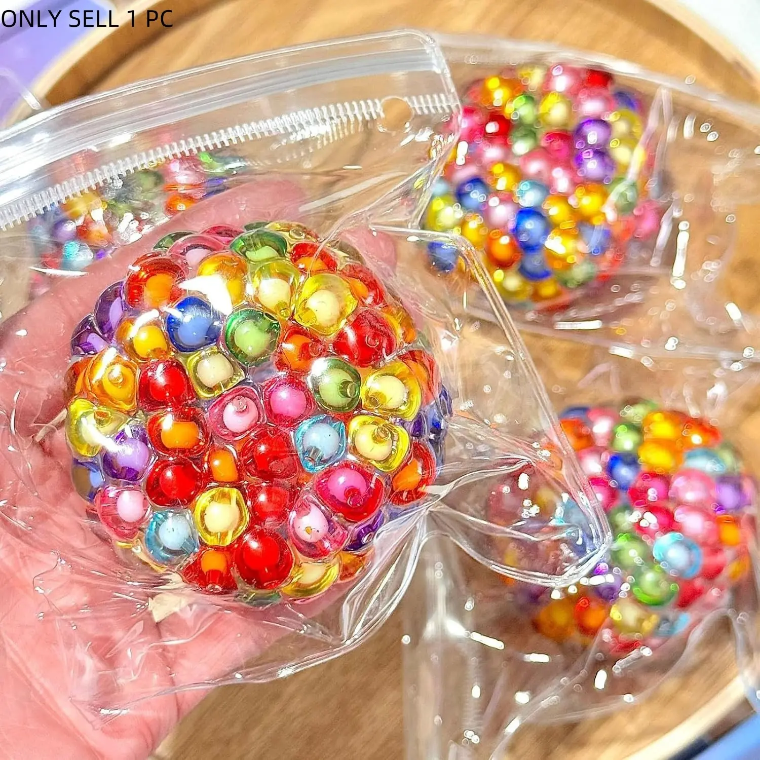 Colorful Beaded Stress Ball Fidget Toy, Squeezable Squishy Anxiety Relief Ball, Stretchy Handmade Sensory Toy for Kids and Adults, Rubber Stress Balls