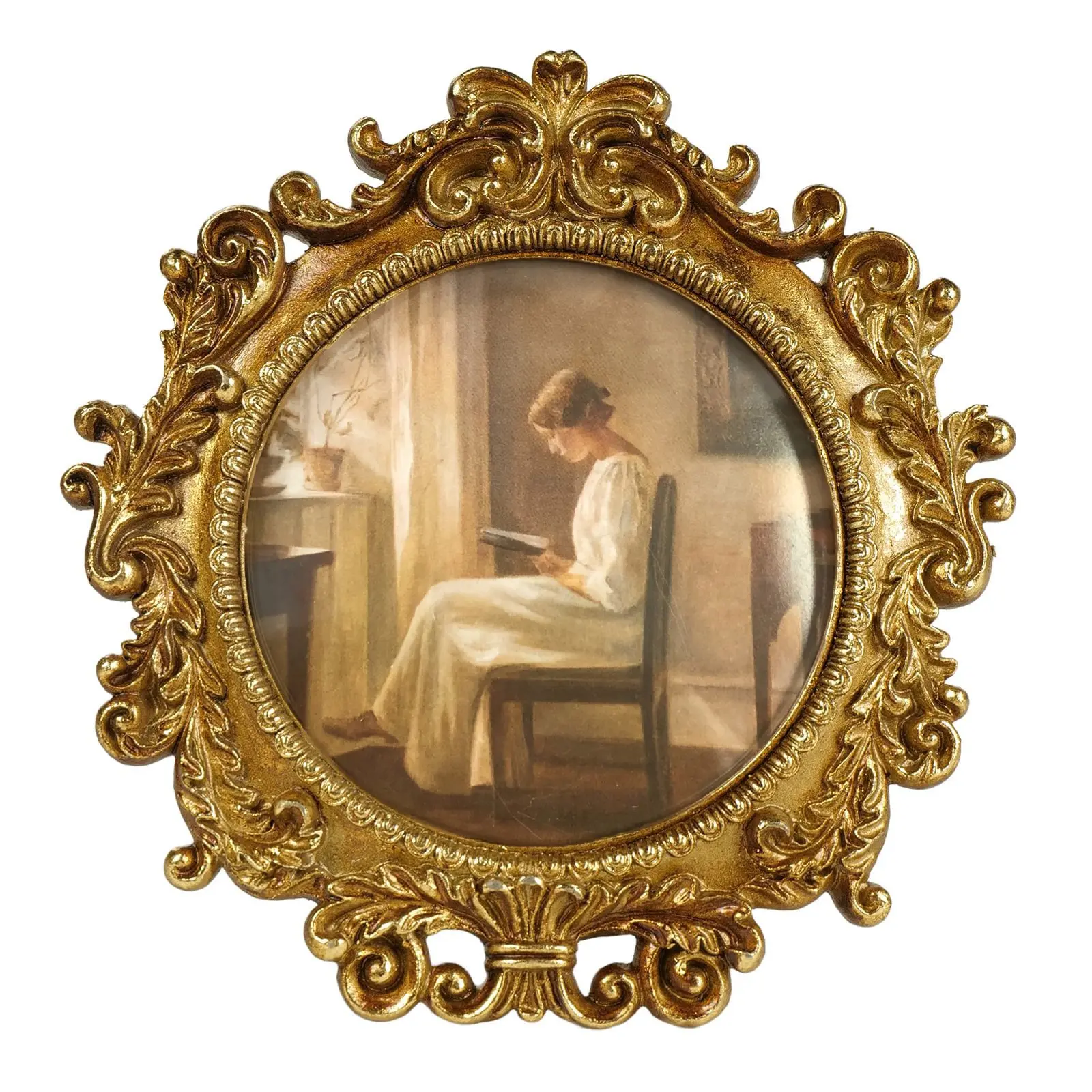 Vintage Round Picture Frame 4x4 Inch, Ornate Floral Resin Design with HD Glass, Perfect for Tabletop & Wall Displays