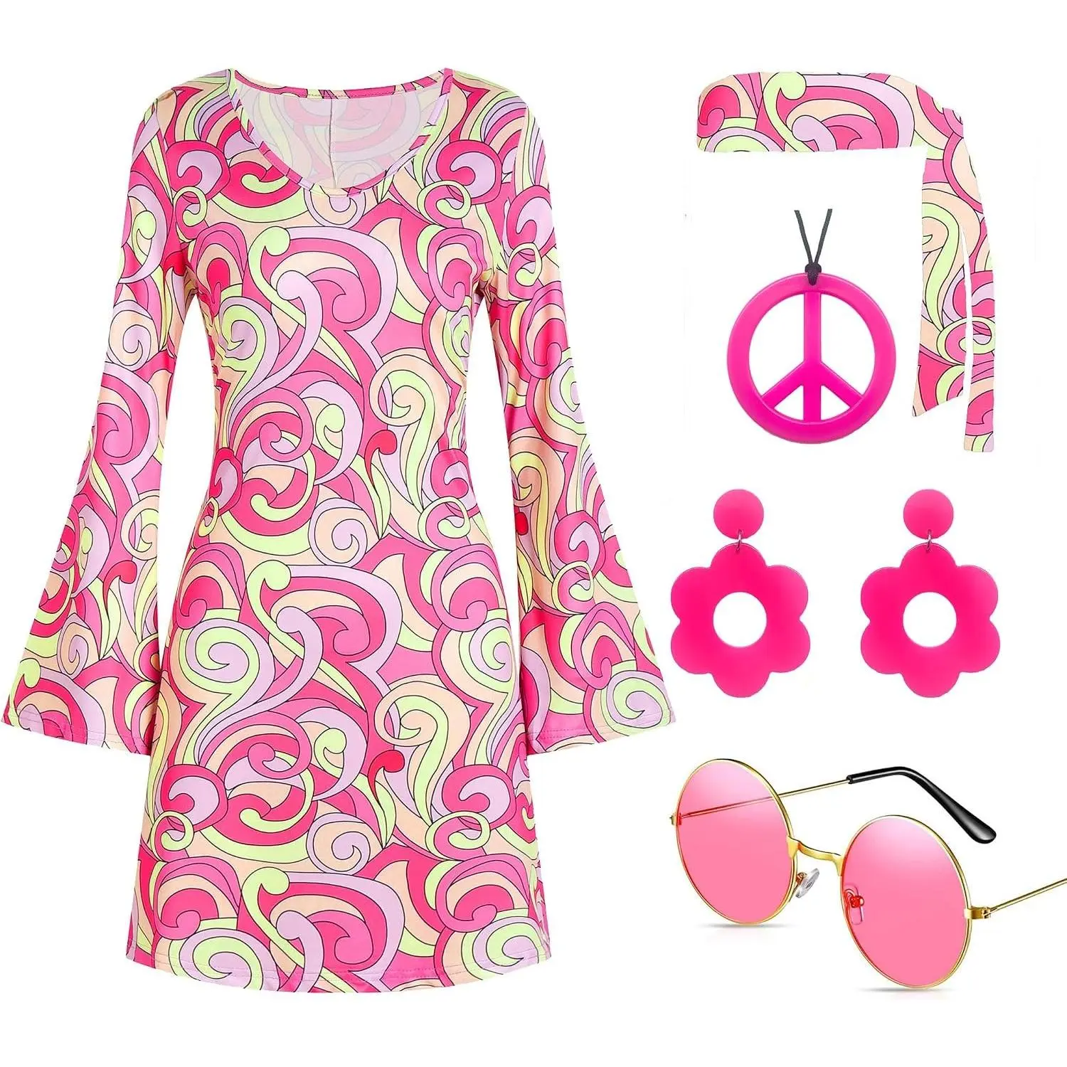 60s 70s Disco Outfit Dress Hippie Costume for Women Halloween | 1960s 1970s 70s Outfit, Womens Halloween Costumes, 70s Disco Hippie Accessories
