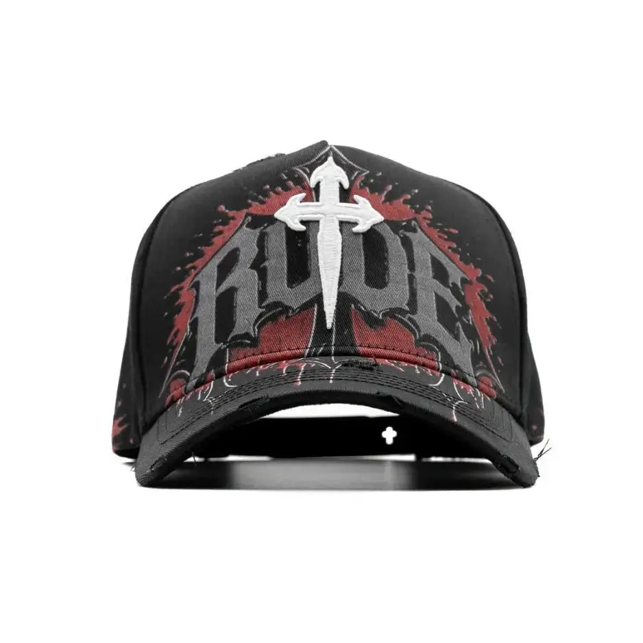 Black Distressed Cross Rude Print Baseball Cap Gothic Punk Streetwear Snapback Hat Unisex