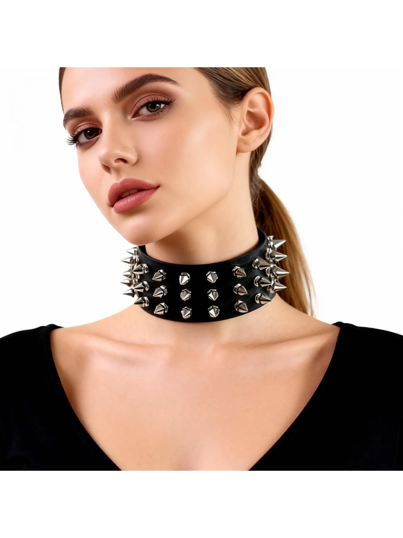 Punk Spike Choker PU Leather Choker Three Rows Cone Spikes Punk Short Clavicle Necklace for Streetwear & Club Chunky Necklace