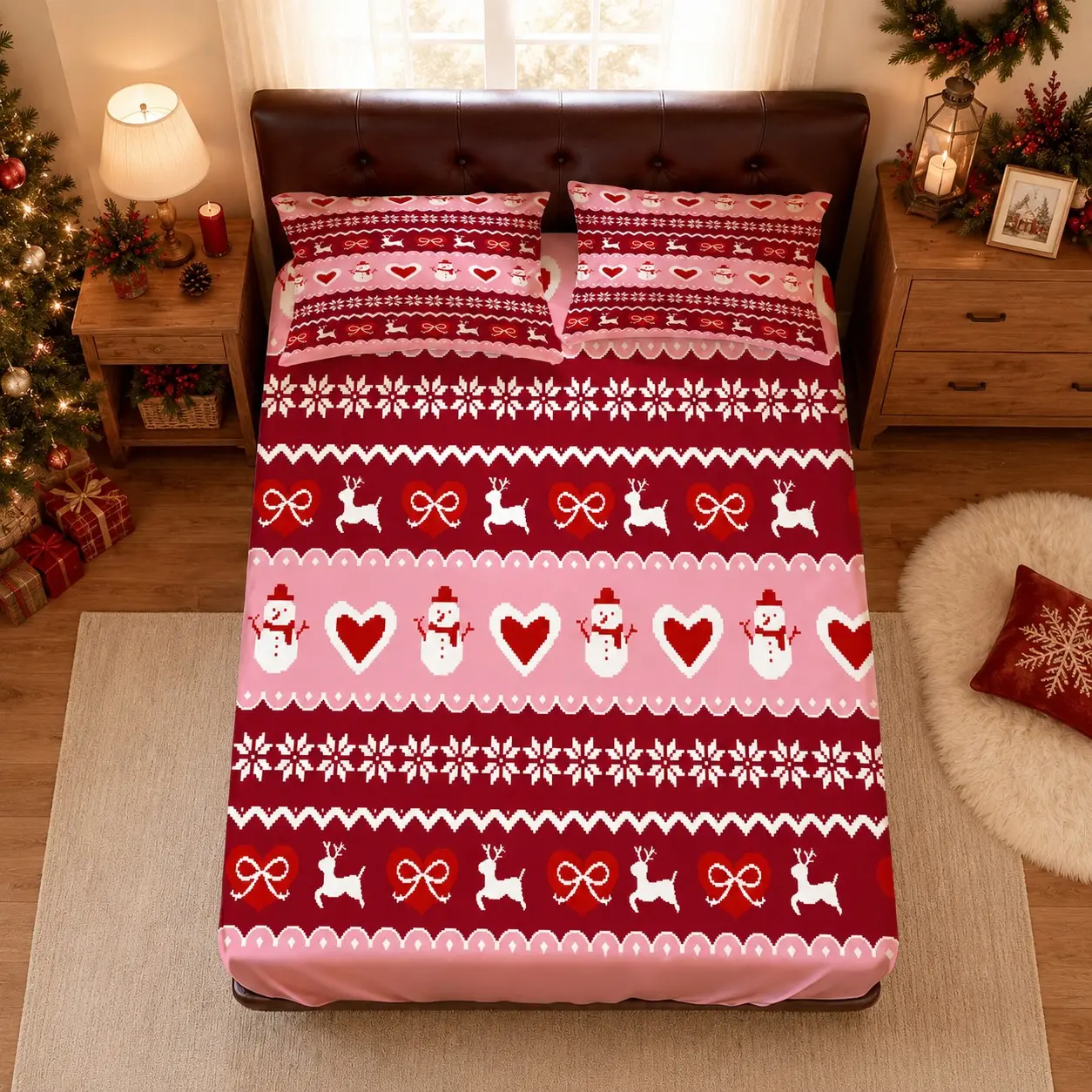 Christmas Fair Isle Style Pattern Fitted Sheet 3‑Piece Set, (1 Fitted Sheet + 2 Pillowcases, without Pillow Inserts), for Teen and Adult Bedrooms and Guest Rooms, Thoughtful Christmas Gift for Family and Friends