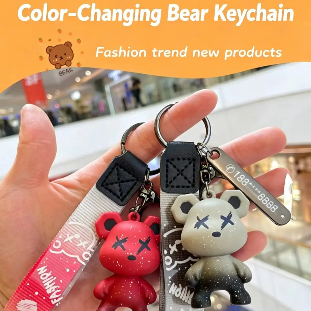 Chameleon Bear Keychain Set of 6, Light-Responsive Gradient Dragon Bear Bag Charm, Cute Cartoon X-Eye Bear Pendant, Perfect Gift for Teens, Men, Women