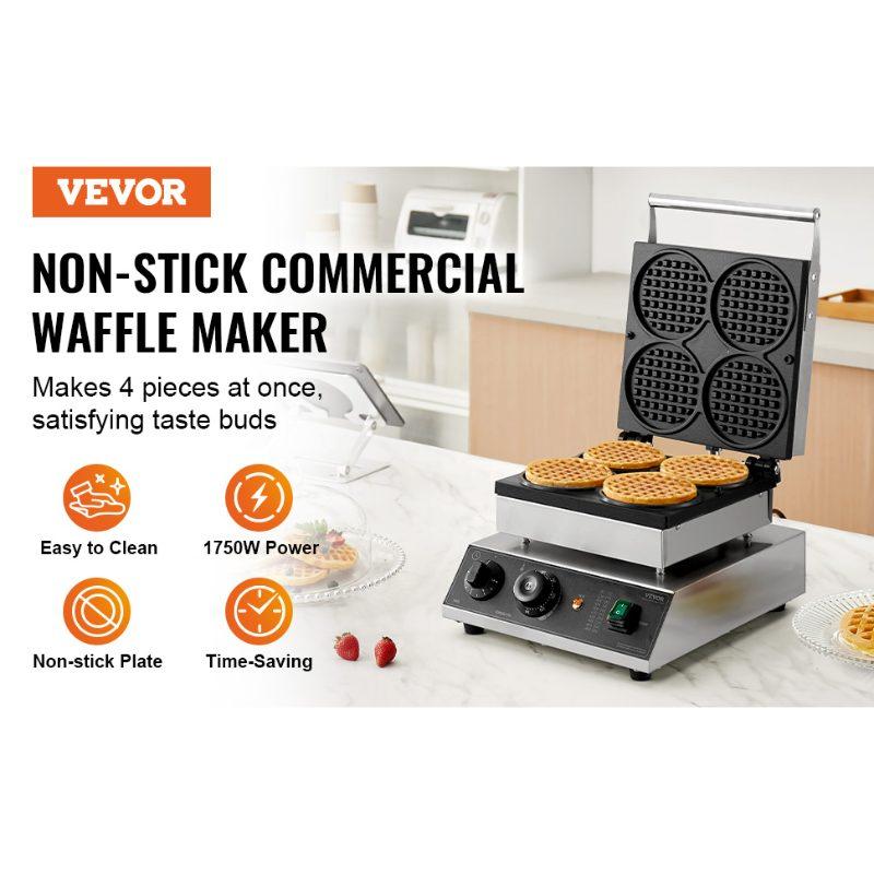 VEVOR Commercial Waffle Maker, 4PCS Round Waffle Baker Machine, 1750W Non-Stick Stainless Steel Belgian Waffle Iron with Temperature and Time Control, for Restaurant Bakery Snack Bar Family VEVOR Commercial Waffle Maker, 4PCS Round Waffle Baker Machine, 1750W Non-Stick Stainless Steel Belgian Waffle Iron with Temperature and Time Control, for Restaurant Bakery Snack Bar Family