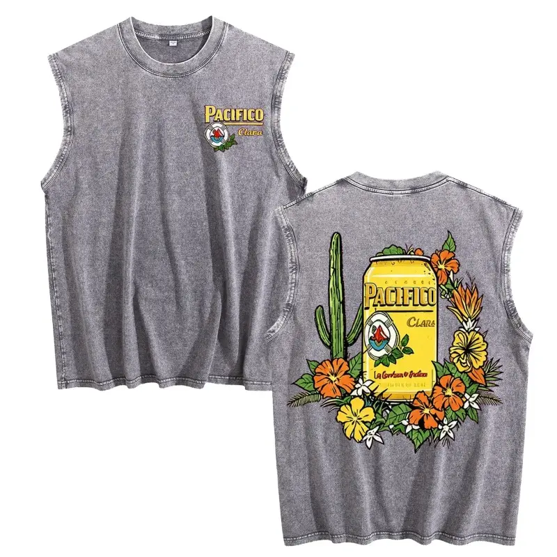 Men's Vintage Washed Sleeveless Tank Top - Pacifico Cactus Beer Graphic, Menswear, Regular Fit, Distressed Look, All-Seasons Retro Casual Cut-Off Vest