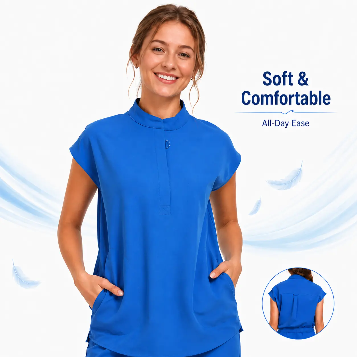 Women's 4-Way Stretch Poly Scrub Top - Athletic Half-Zip, Mandarin Collar, Cap Sleeves, Solid, Breathable Loose Workwear for Daily Clinical Use with 2 Deep Secure Hidden Side Pockets, Elastane Basics